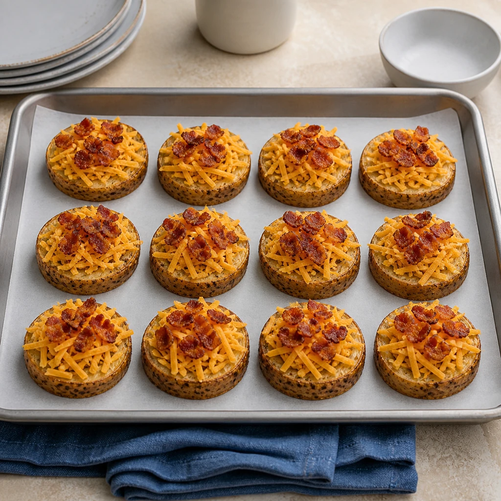 Potato rounds topped with shredded cheddar and crispy bacon before baking
