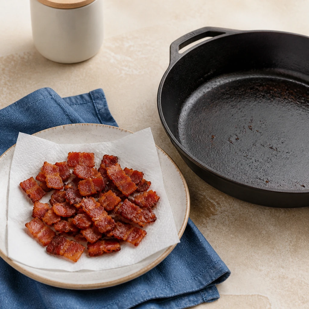 Crispy chopped bacon draining beside an empty cast-iron skillet
