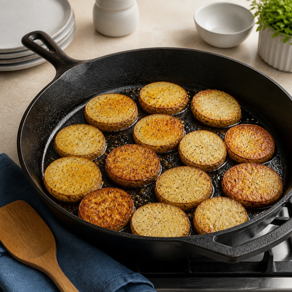 Potato rounds browning in a single layer in a cast-iron skillet