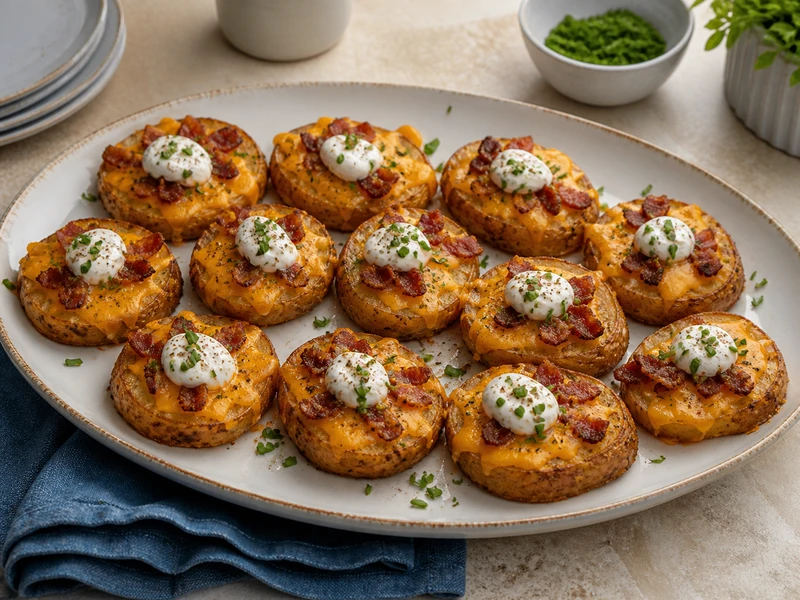 Cheese and Bacon Potato Rounds topped with sour cream and chives