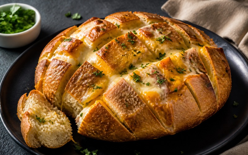 Cheese and garlic crack bread served hot on a black platter