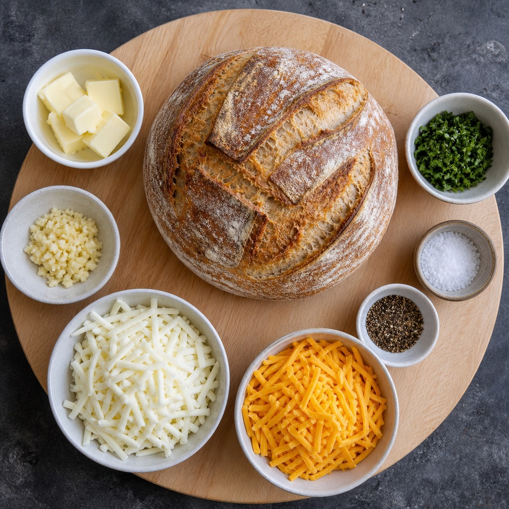 Ingredients for cheese and garlic crack bread arranged on a wooden board