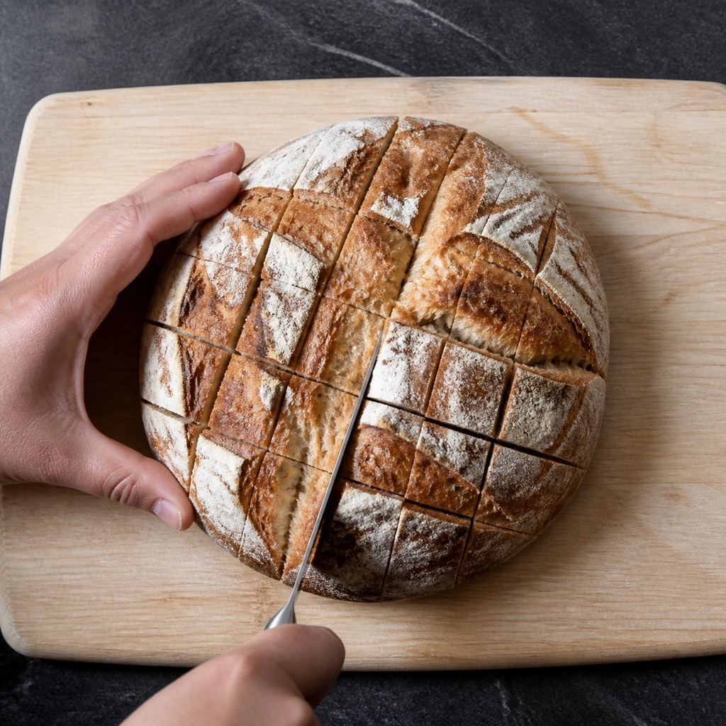 Cut a round sourdough loaf in a crisscross pattern without cutting through the base