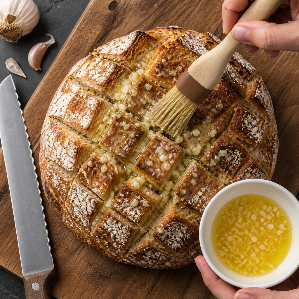 Brush melted garlic butter into the cuts of the sourdough loaf