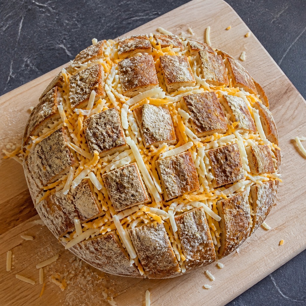 Stuff shredded mozzarella and cheddar into the cuts of the bread