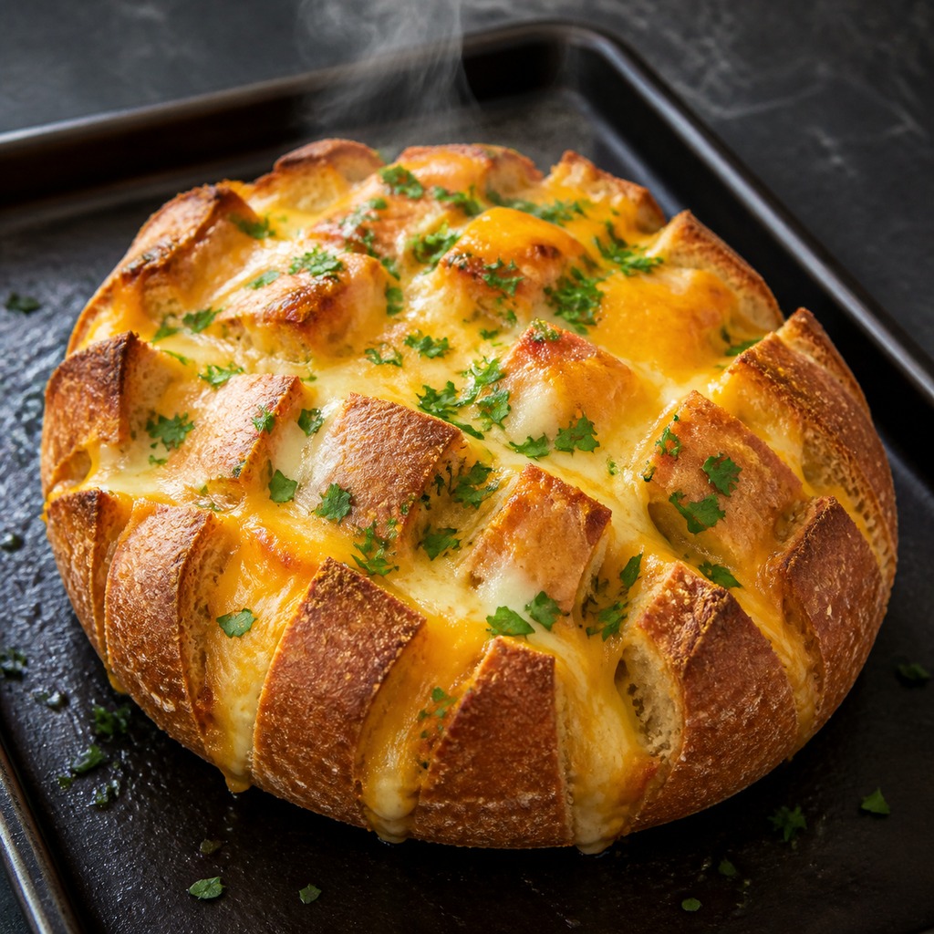 Finished golden cheese and garlic crack bread garnished with parsley