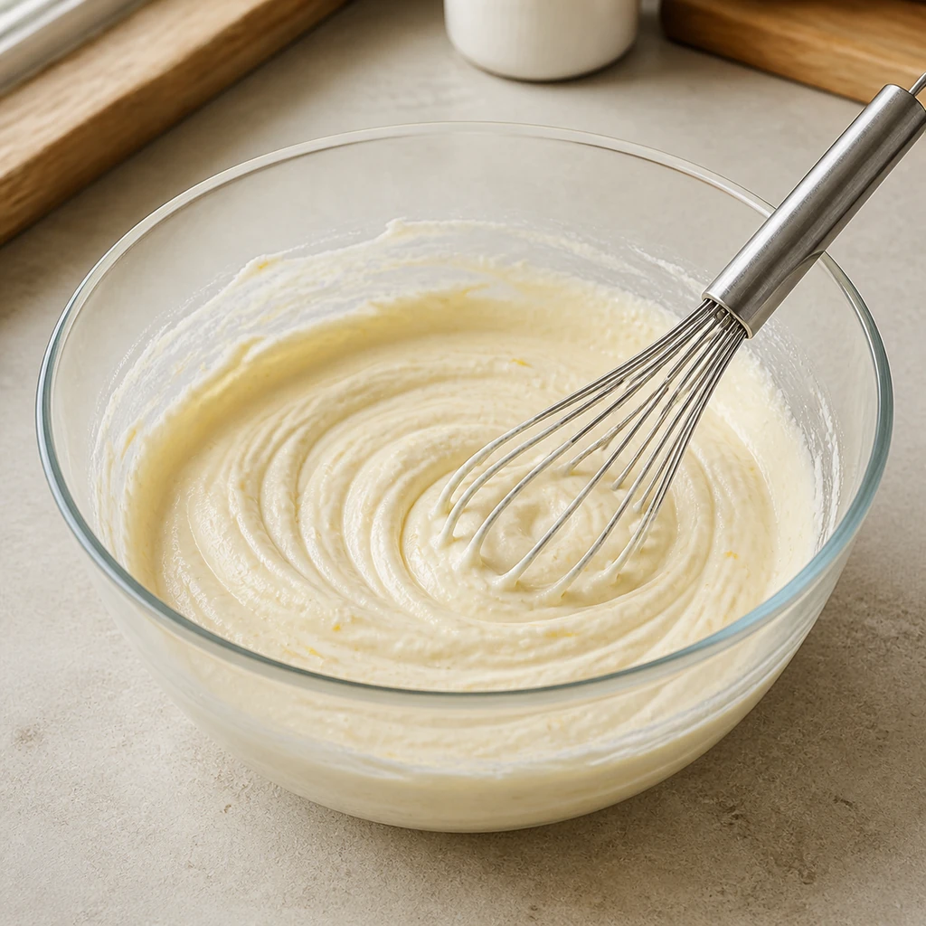 Thick cheesecake filling mixed until smooth