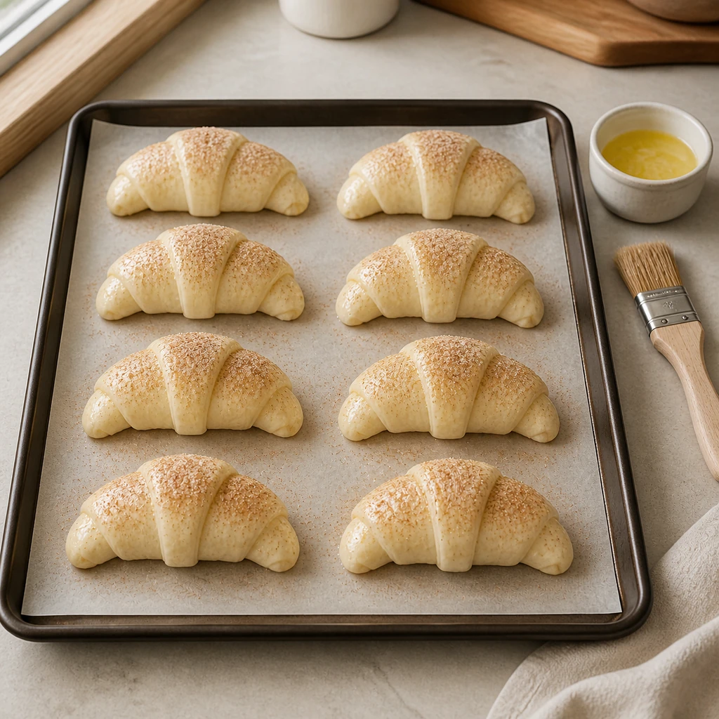 Eight filled crescent rolls brushed and ready to bake