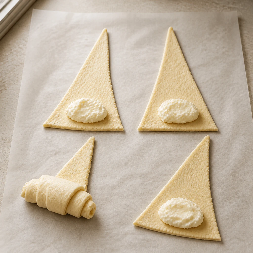 Crescent dough triangles filled and rolled from the wide end