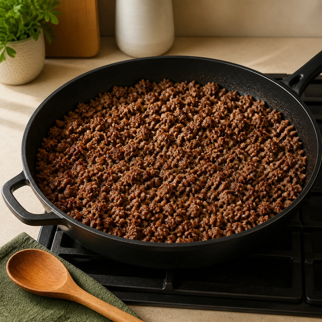 Ground beef browned and crumbled in a wide skillet