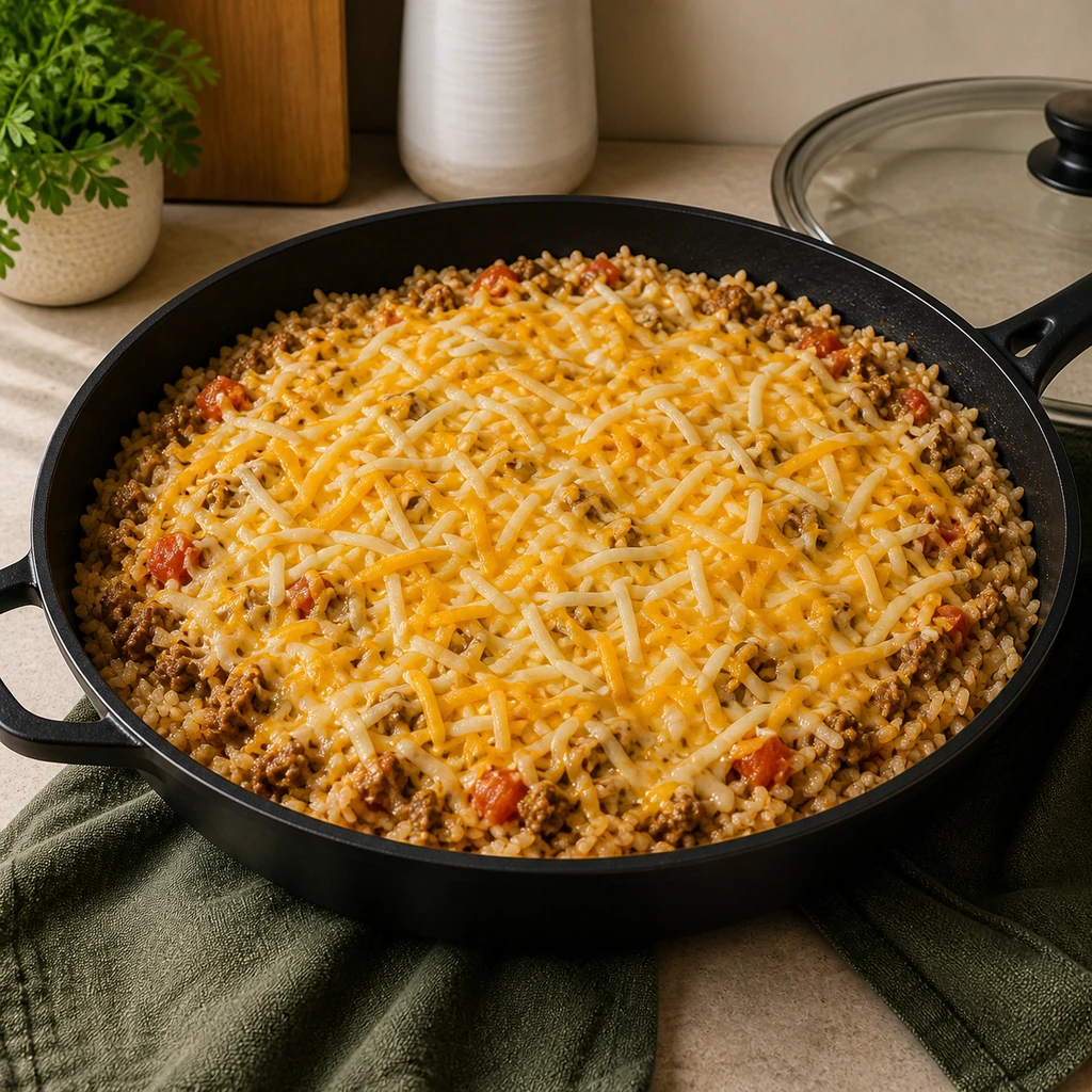 Cheddar and mozzarella beginning to melt over cooked ground beef rice