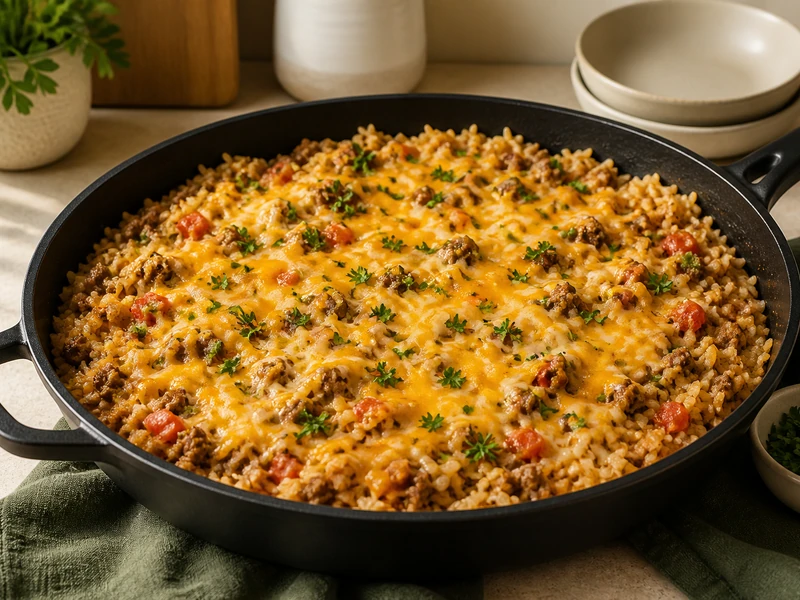 One-skillet Cheesy Ground Beef Rice with tomatoes and parsley