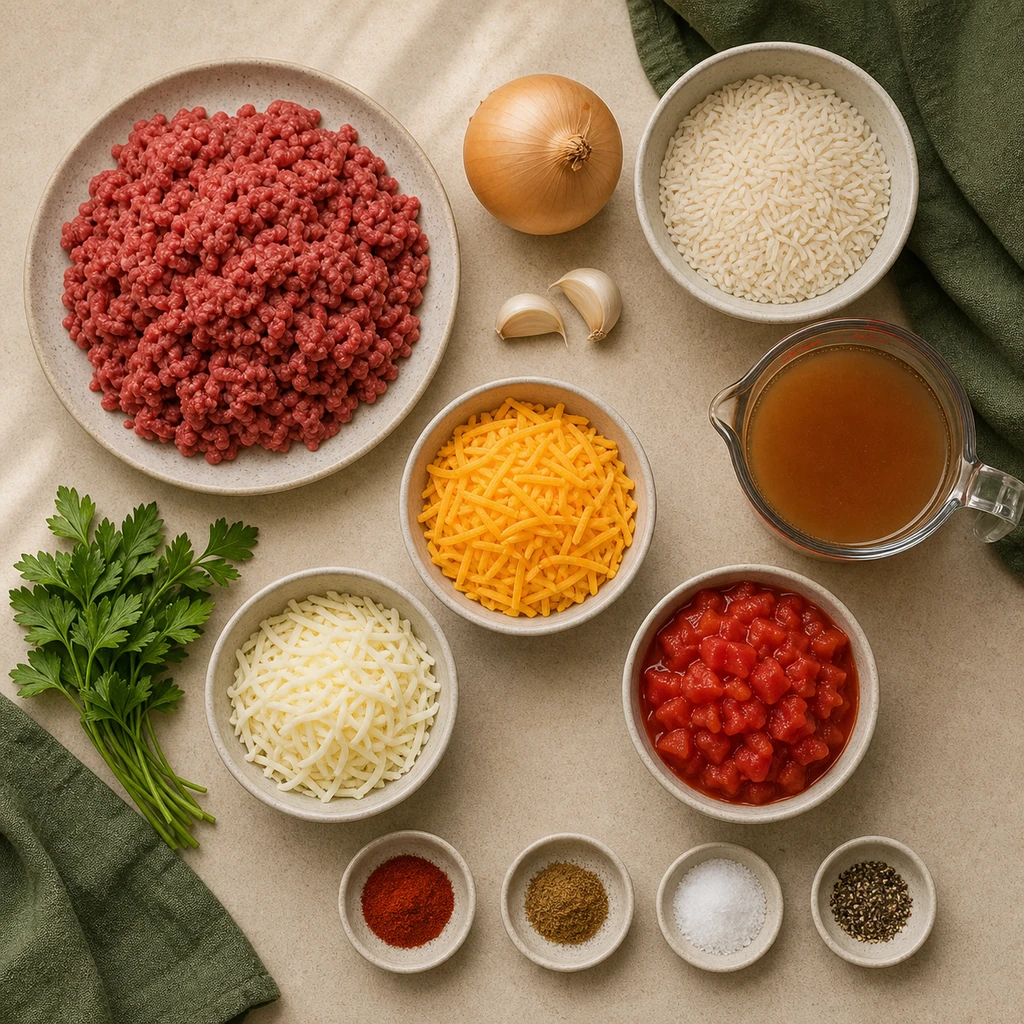 Ingredients for Cheesy Ground Beef Rice