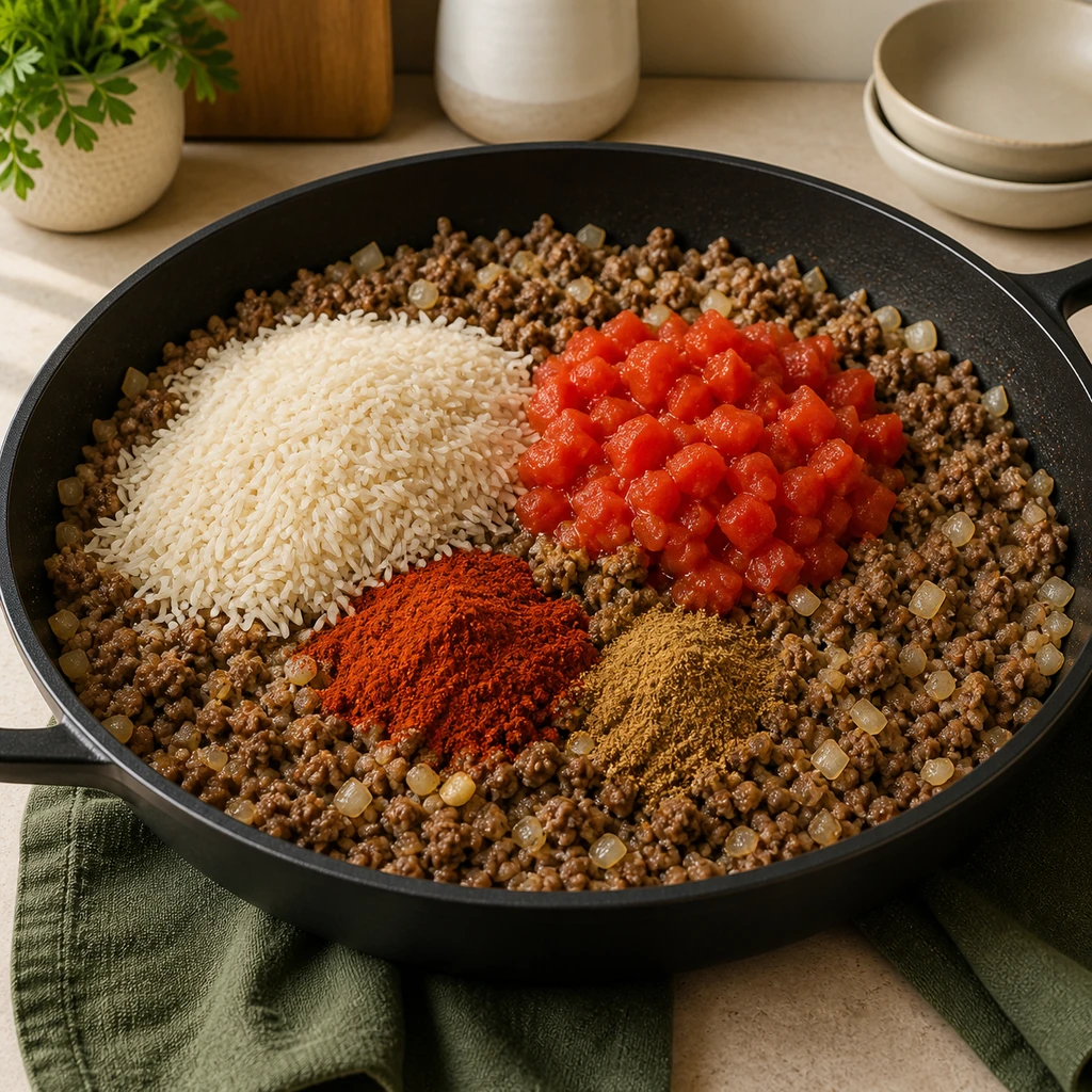 Rice, diced tomatoes, paprika, and cumin added to browned beef and onion