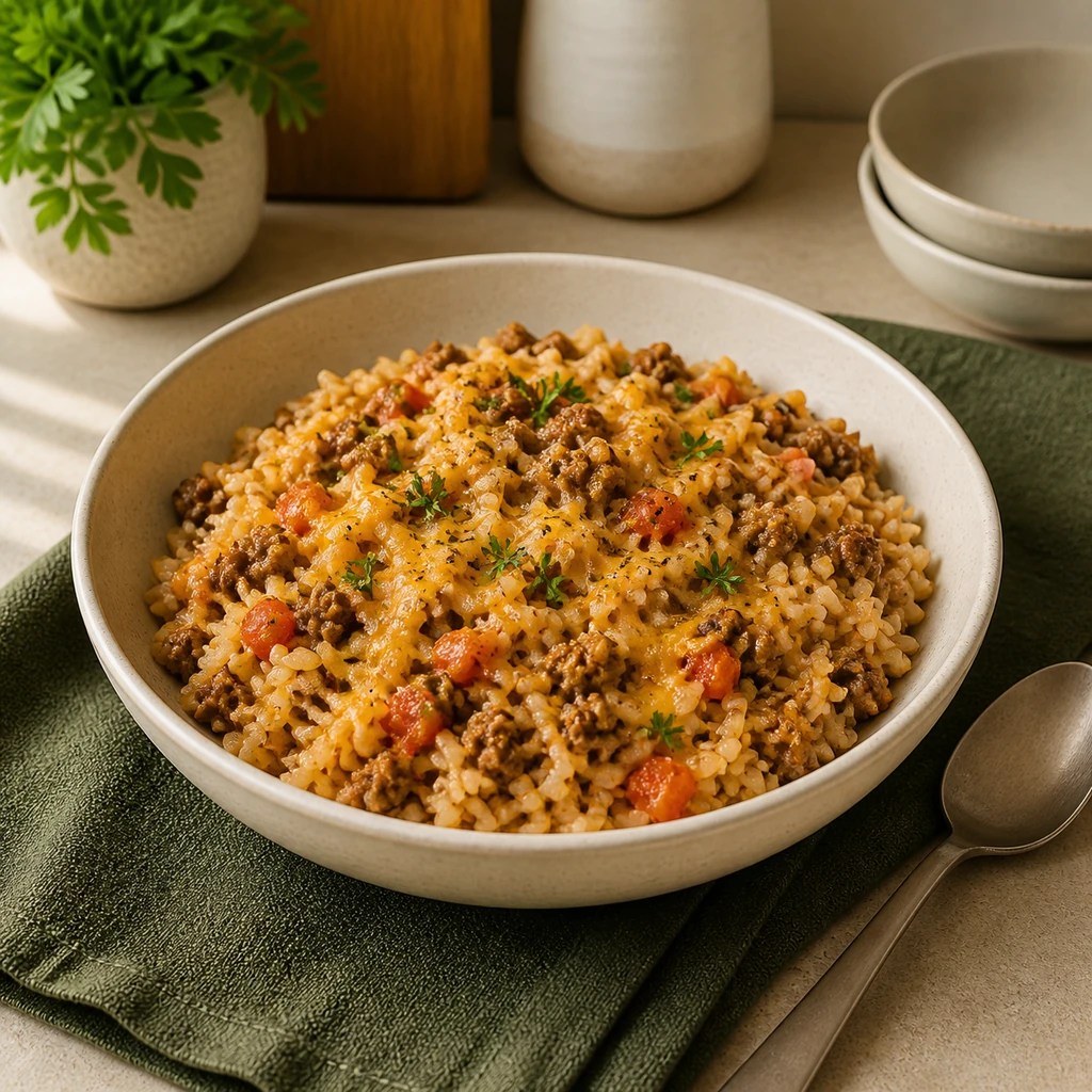 Individual bowl of Cheesy Ground Beef Rice ready to serve
