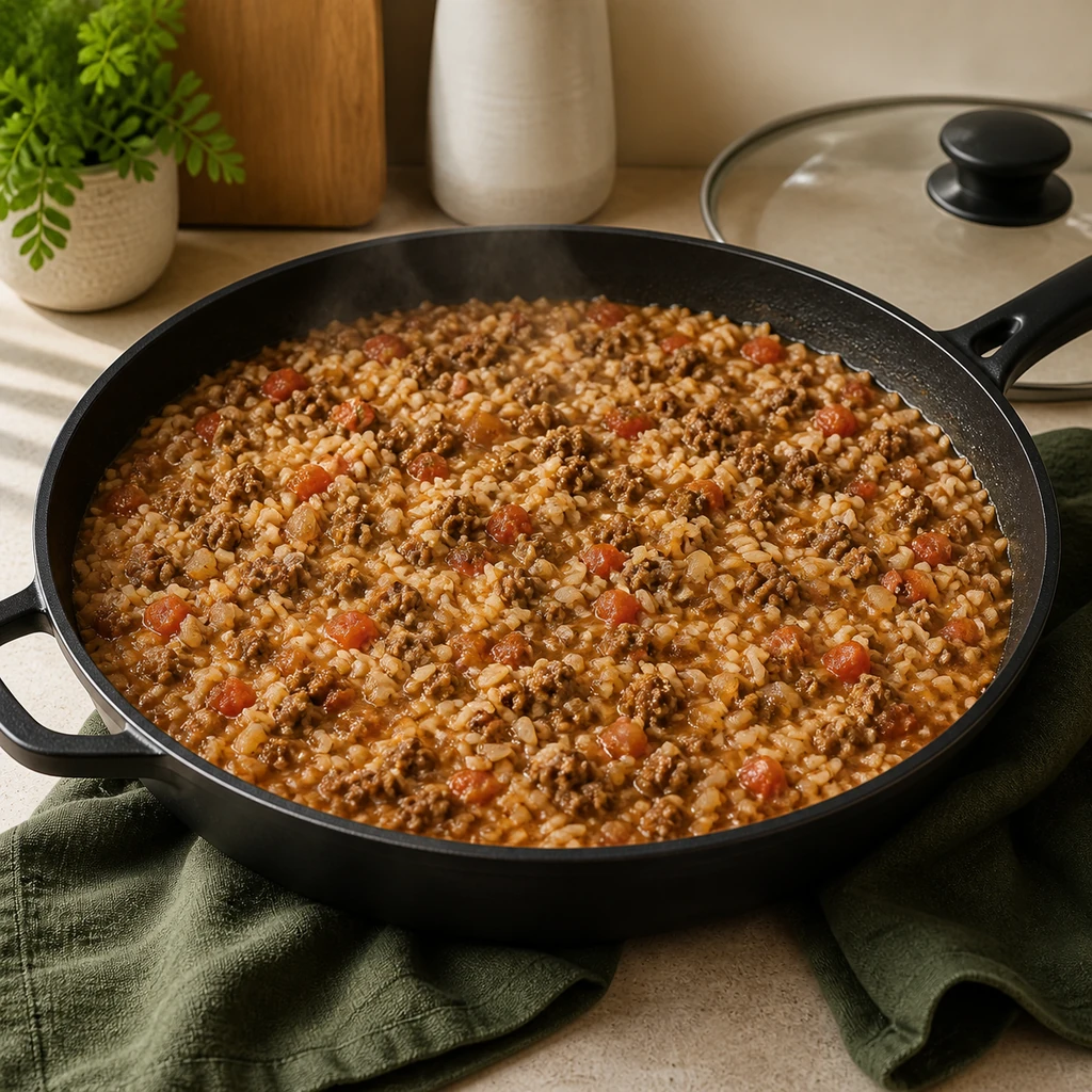 Ground beef and rice simmering gently in beef broth
