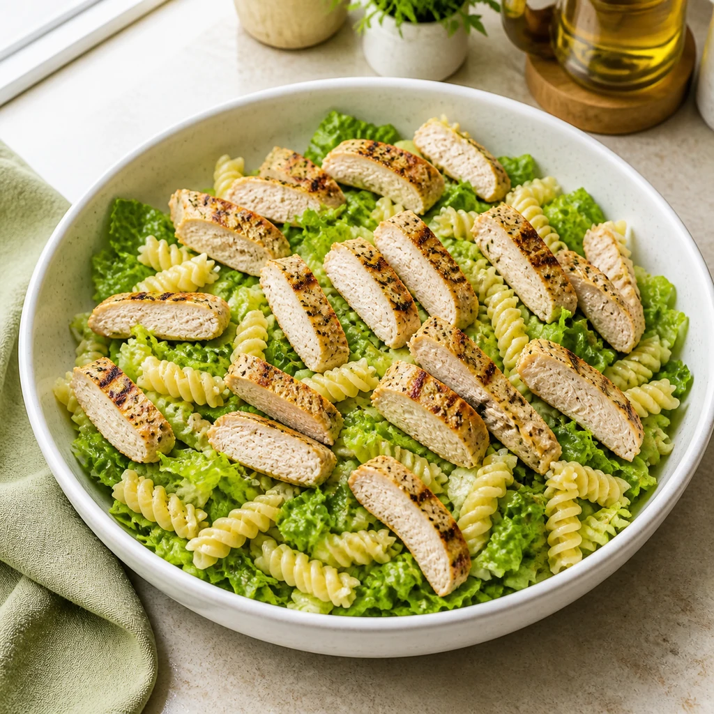 Rotini, romaine, and sliced grilled chicken combined in a bowl