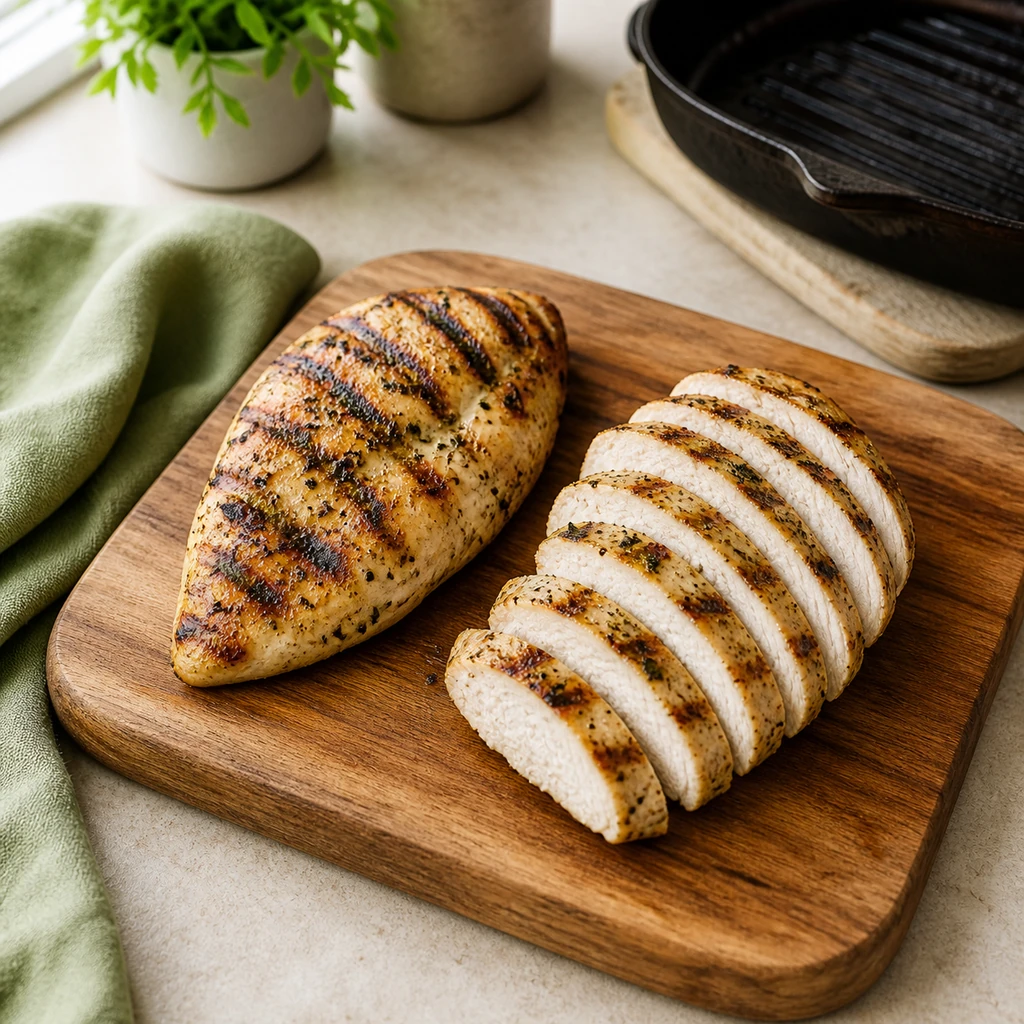 Fully cooked grilled chicken breast sliced on a cutting board