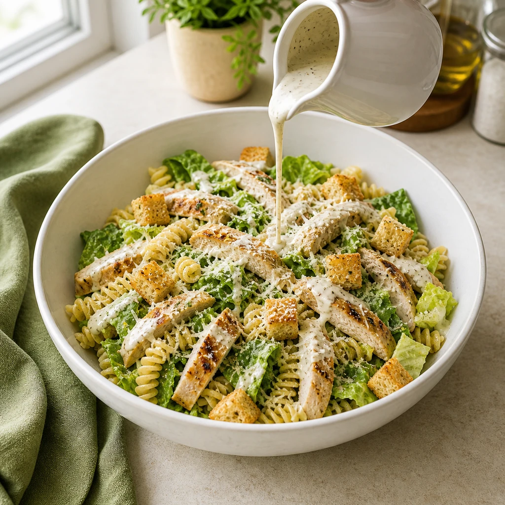 Caesar dressing poured over chicken pasta salad with Parmesan and croutons