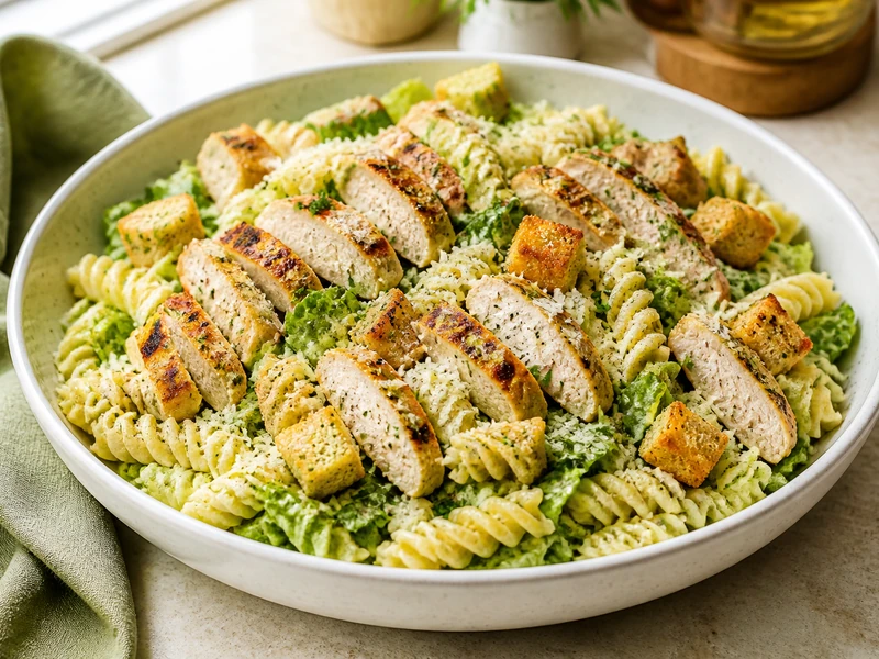 Chicken Caesar pasta salad with grilled chicken and crisp romaine