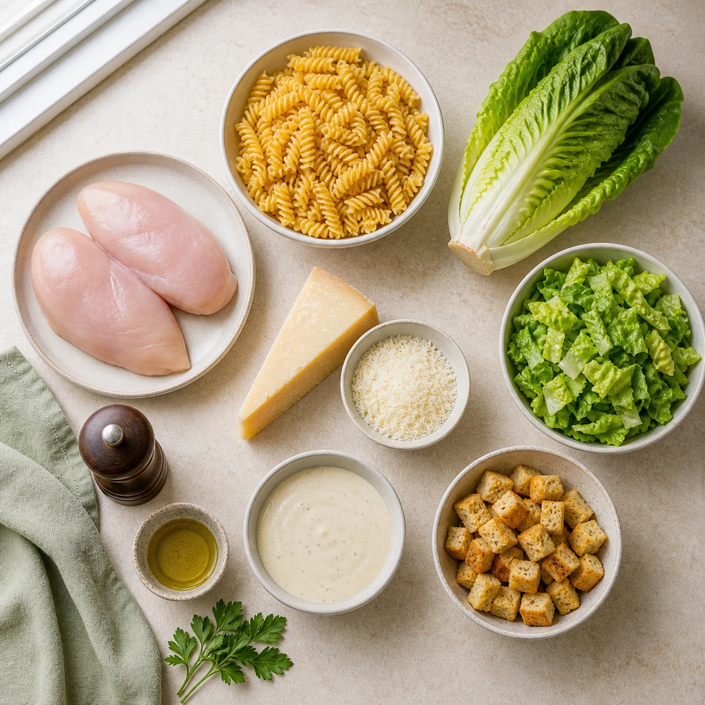 Ingredients for Chicken Caesar Pasta Salad