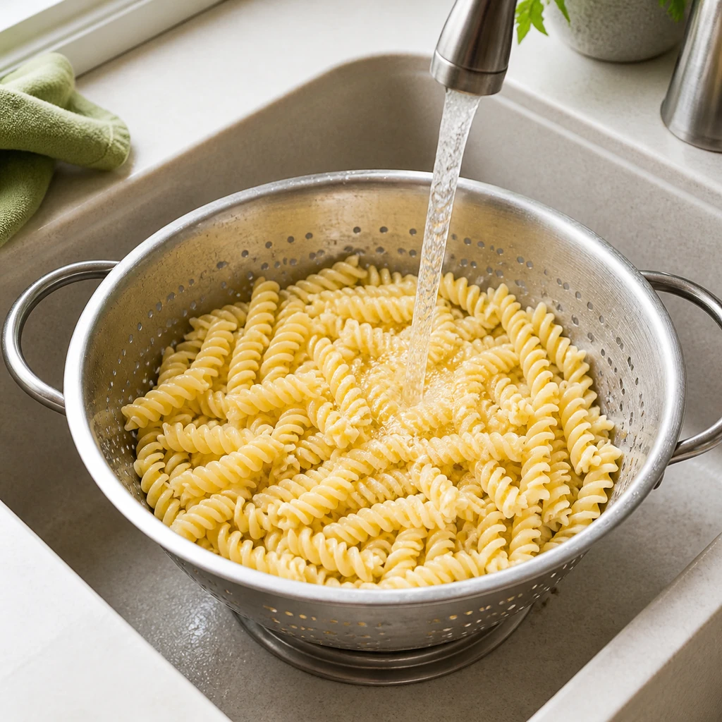 Cooked rotini cooling under water in a colander