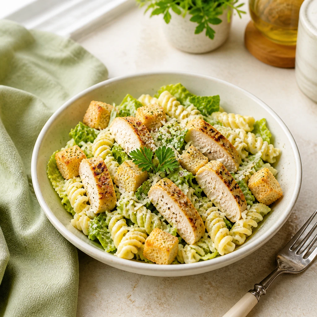 Individual bowl of Chicken Caesar Pasta Salad ready to serve