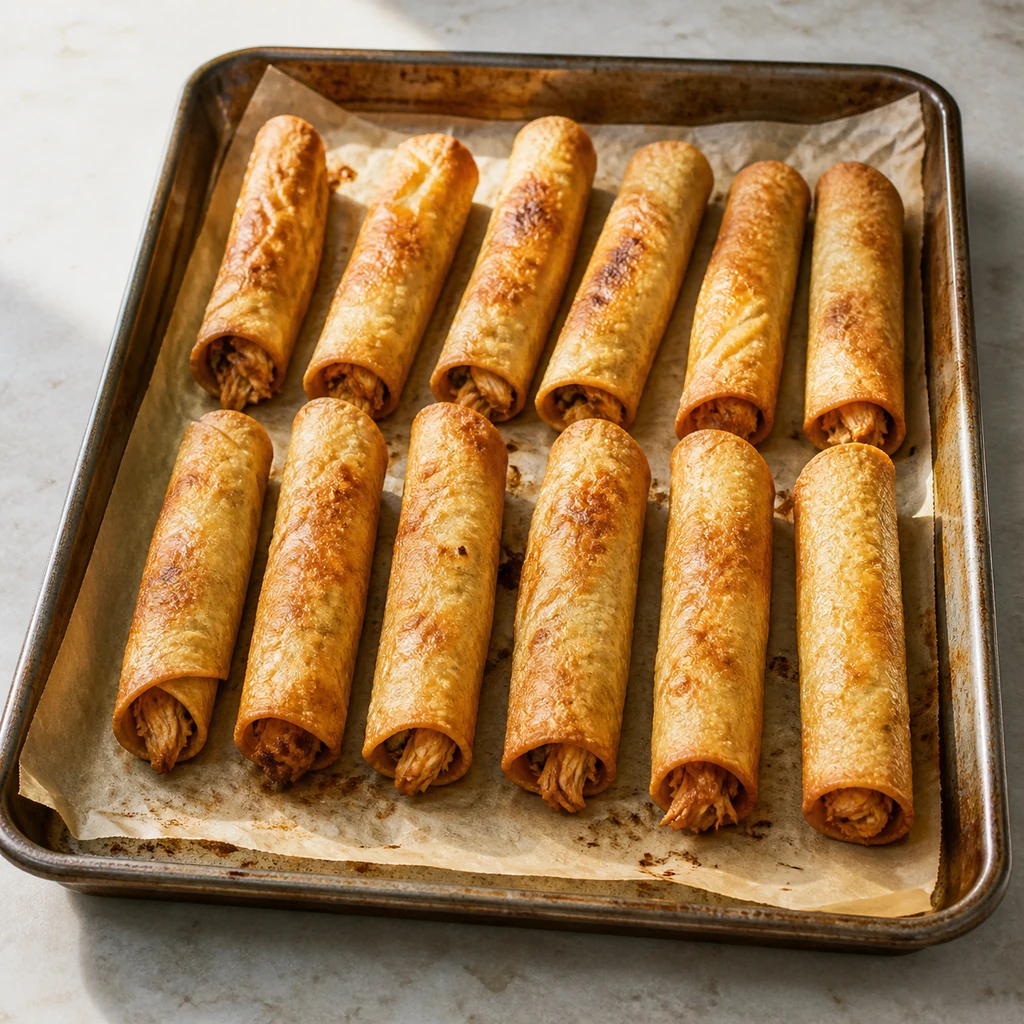Golden baked chicken flautas on a sheet pan