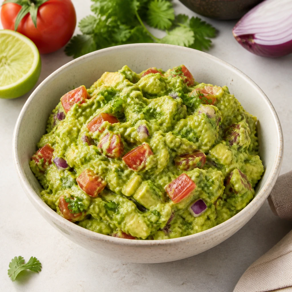 Fresh guacamole with tomato onion cilantro and lime