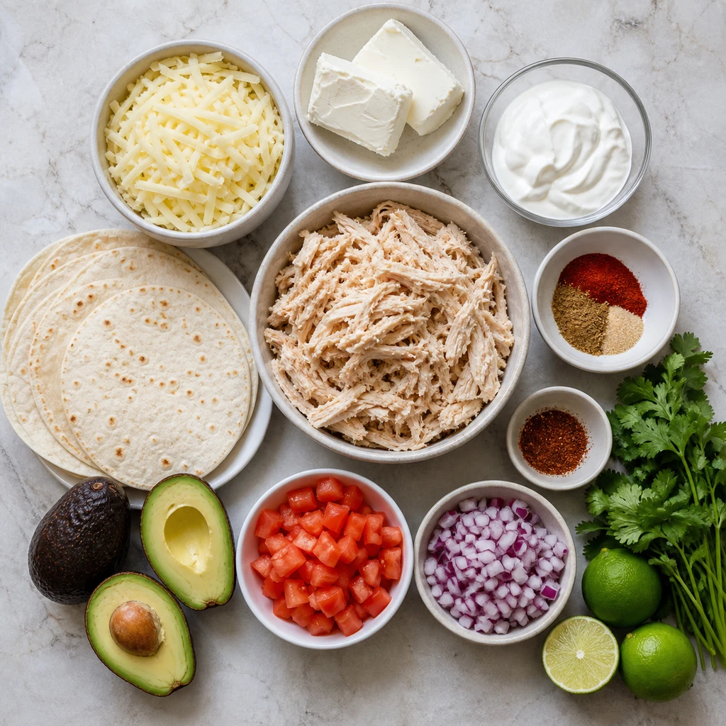 Ingredients for baked chicken flautas and guacamole