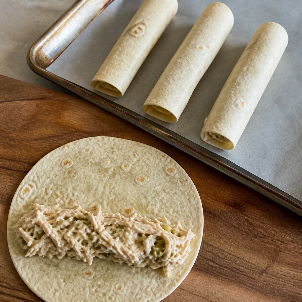 Chicken filling rolled in flour tortillas