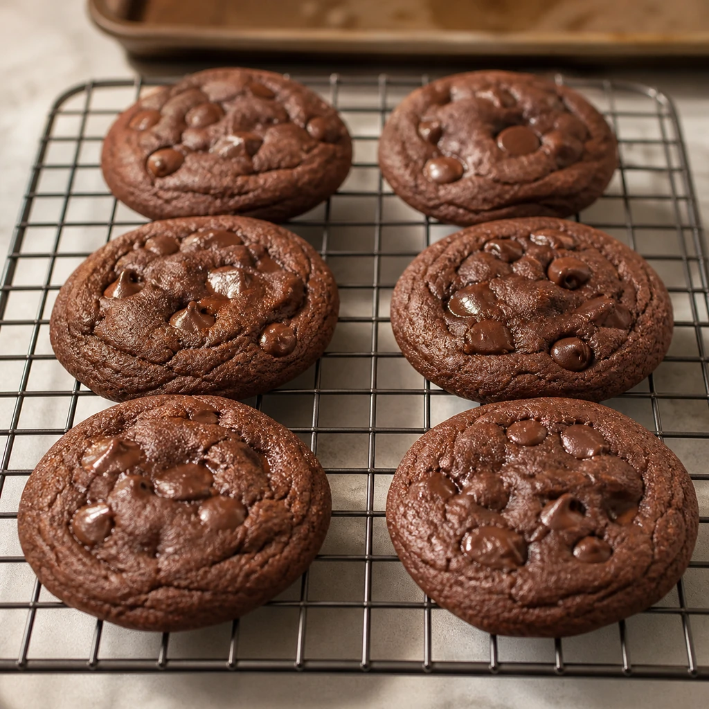 Soft chocolate cookies cooling on a wire rack