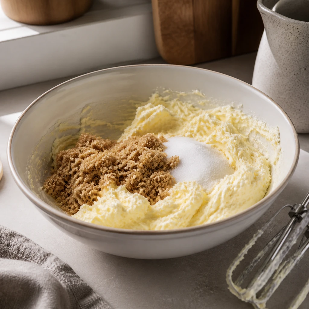 Butter and sugars creamed until fluffy