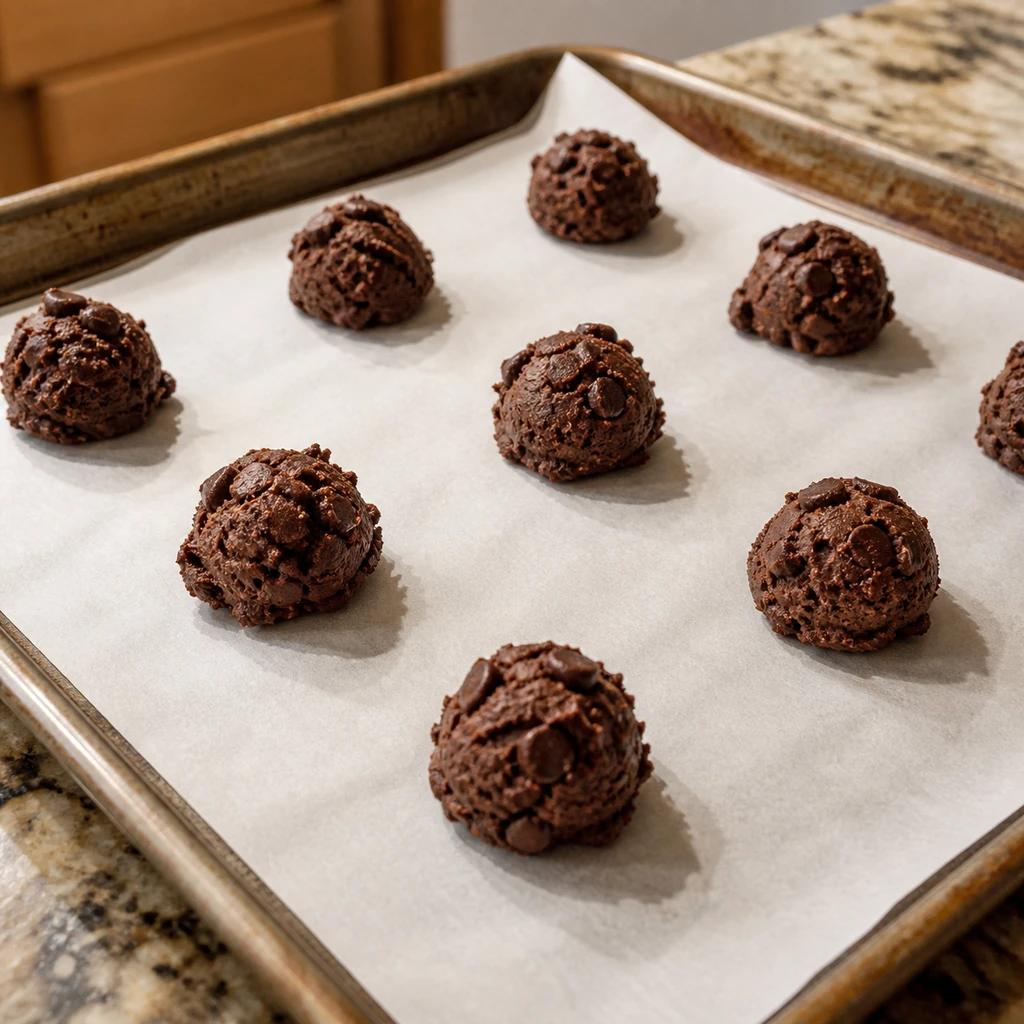 Chocolate cookie dough scoops on parchment baking sheet
