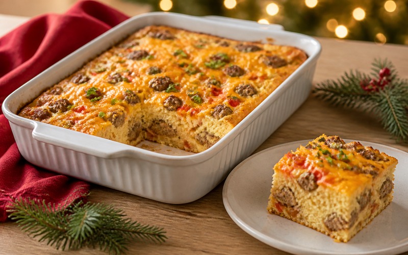 Golden Christmas morning casserole with one square serving plated beside it