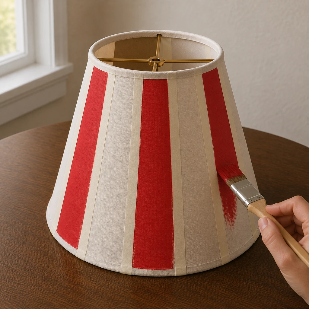 Tomato red stripes painted on a cream fabric lampshade