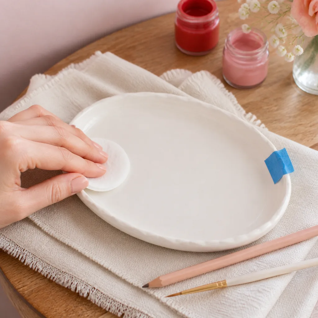 Blank ceramic bow trinket dish being wiped clean before painting, with part of the rim protected by painter's tape.