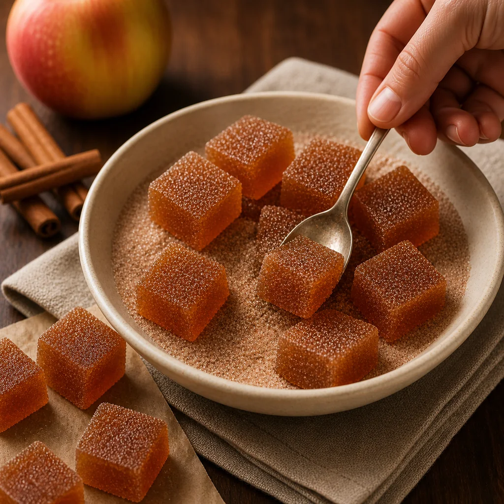 One-inch apple cider agar jelly cubes lightly coated with fine cinnamon sugar.