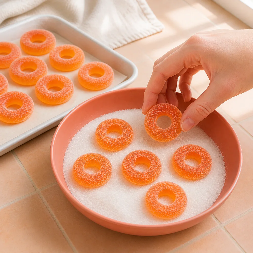 Dried peach gummy rings tossed in a fine sweet-tart sugar coating before serving.
