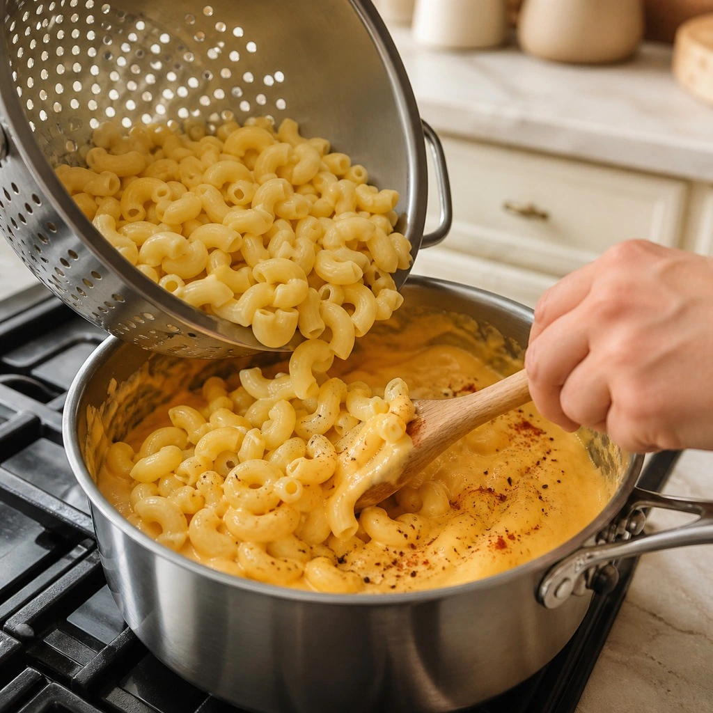 Drained elbow macaroni being folded into seasoned cheddar sauce
