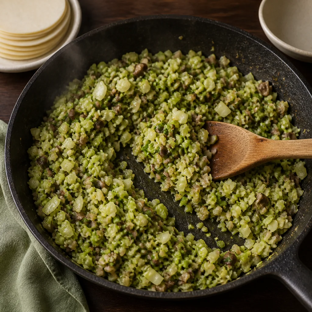 Green cabbage and shiitake dumpling filling cooked until dry in a dark skillet.