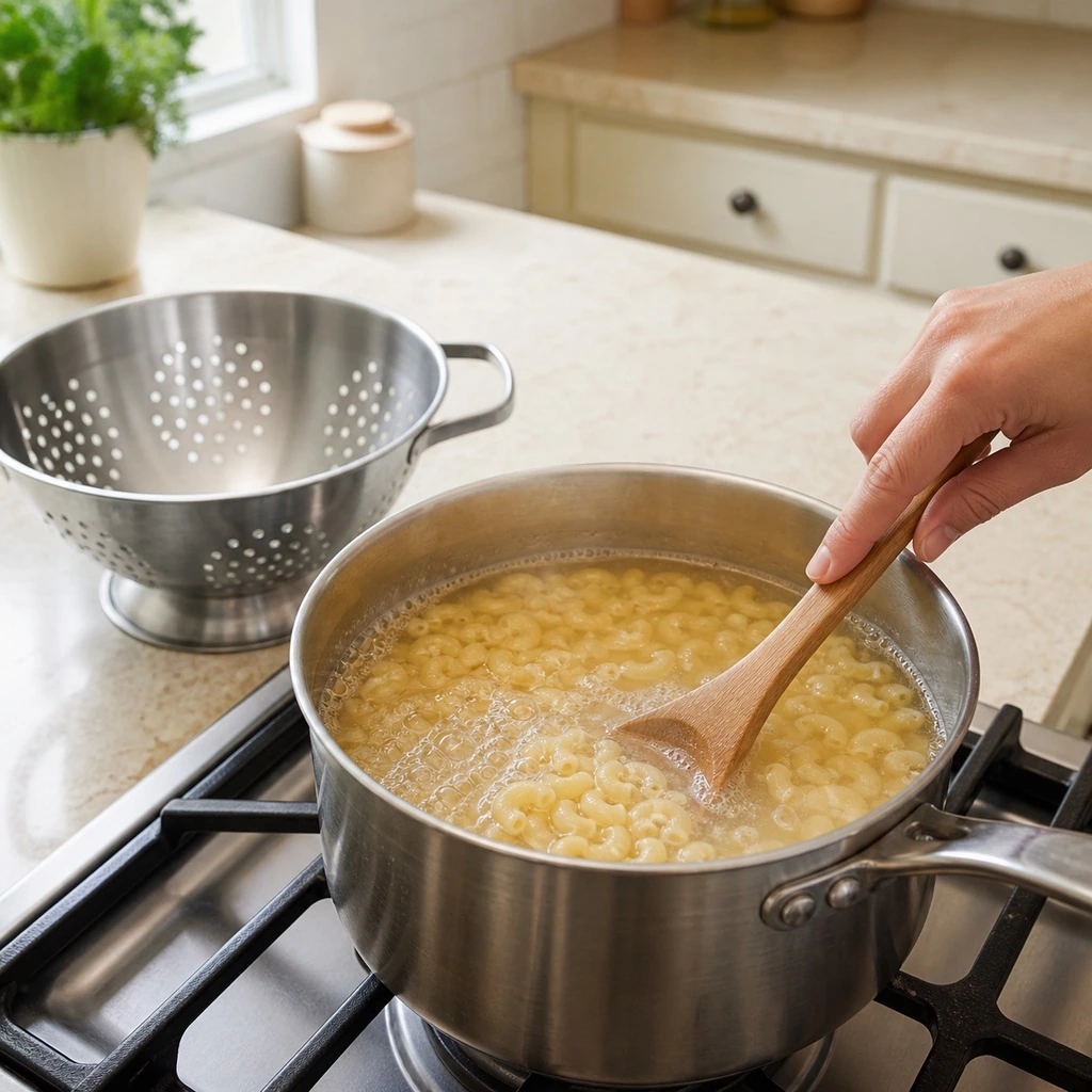 Elbow macaroni boiling in salted water with a colander ready for draining