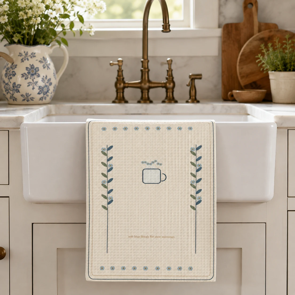 Cottage Kitchen Tea Towel styled in a cottage kitchen, scene 1