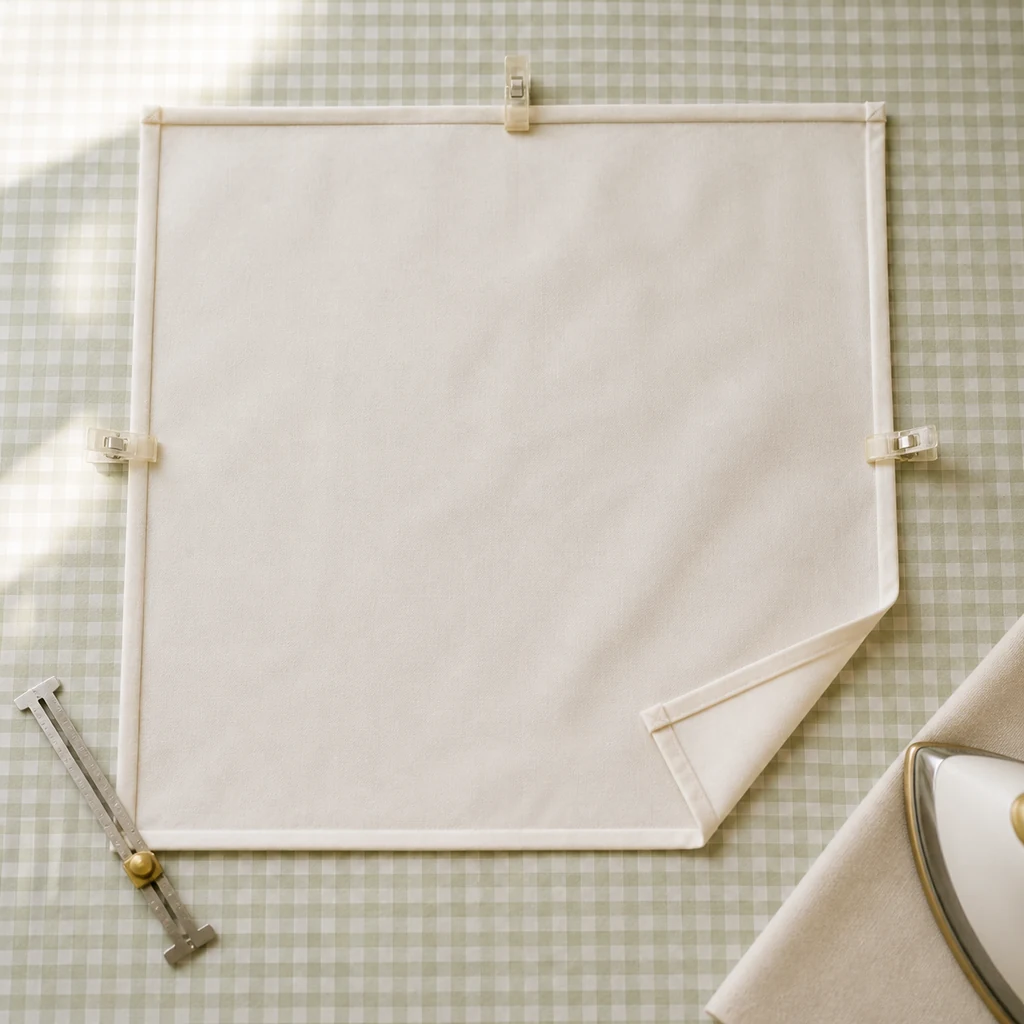 Ivory cotton square pressed with double-fold hems