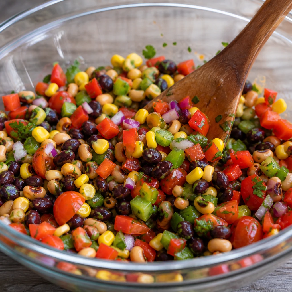 Cowboy caviar ingredients being gently tossed