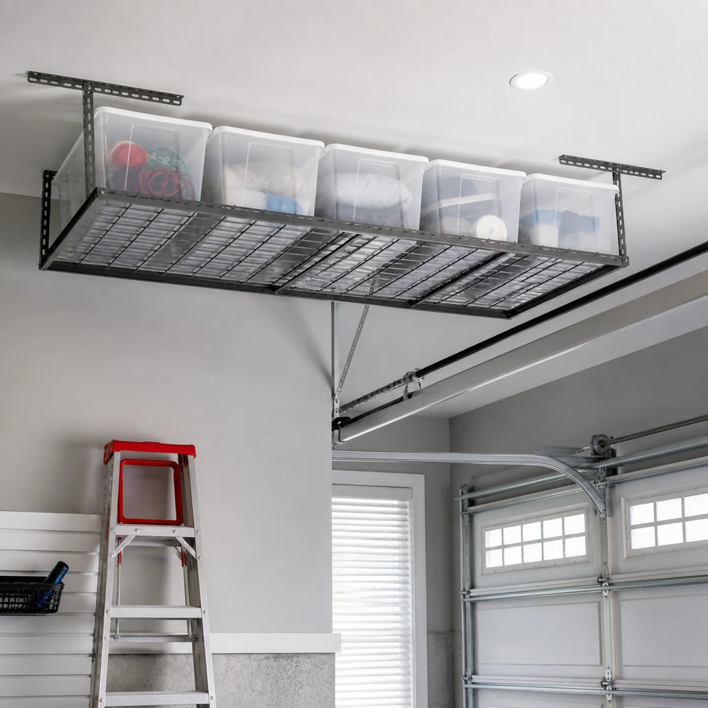Overhead garage storage rack with clear bins placed safely away from garage door tracks