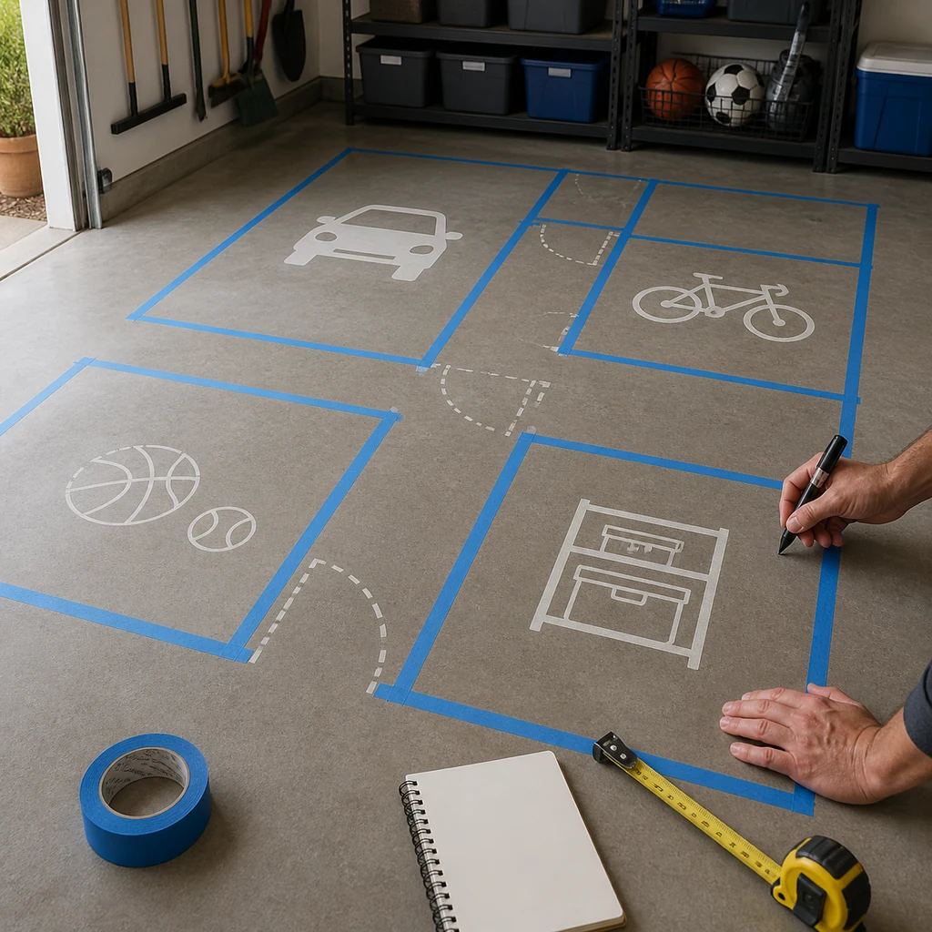 Garage floor being mapped into parking tool sports and storage zones
