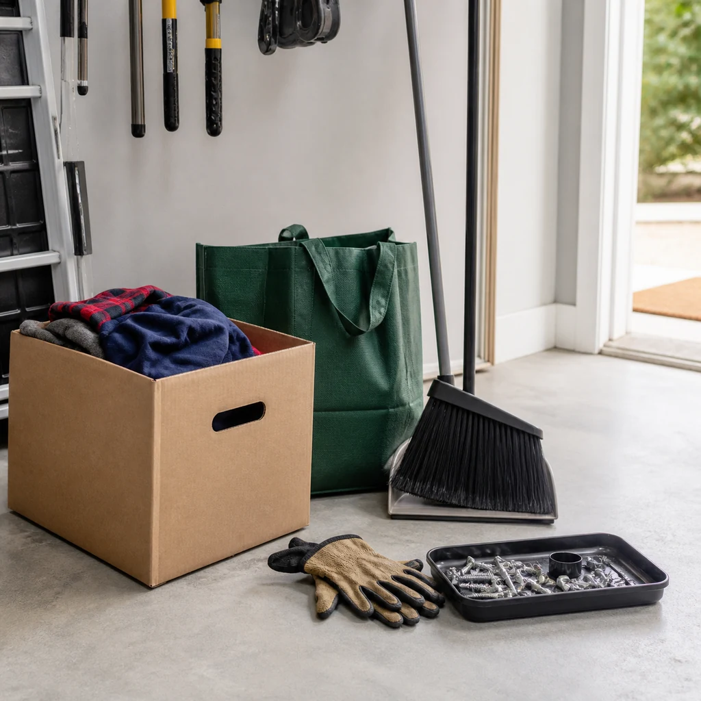 Garage reset station with donation box broom and small tool tray