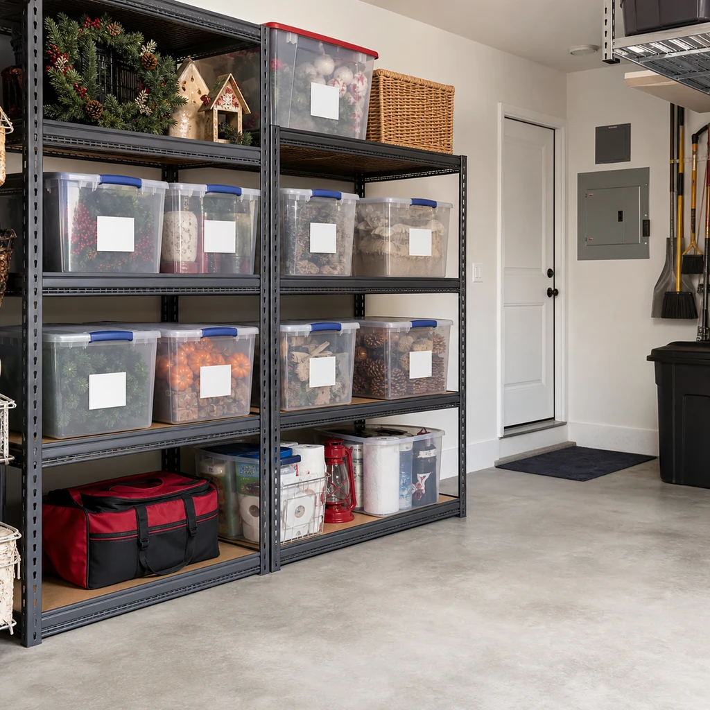 Seasonal garage bins sorted on sturdy shelving with walkway clearance