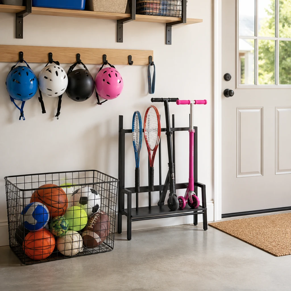 Garage sports gear zone with balls helmets and rack storage near a door